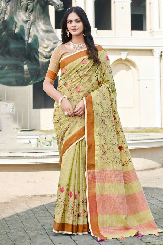 Light Green Colour Embroidery Work Linen Saree SD1101600