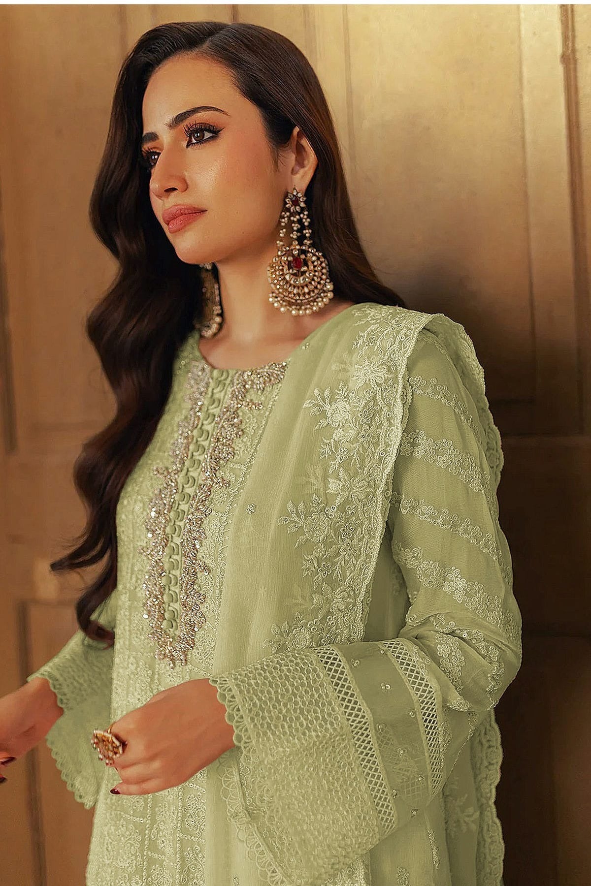 Light Green Colour Faux Georgette Semi Stitched Pakistani Suit SM1140468 A