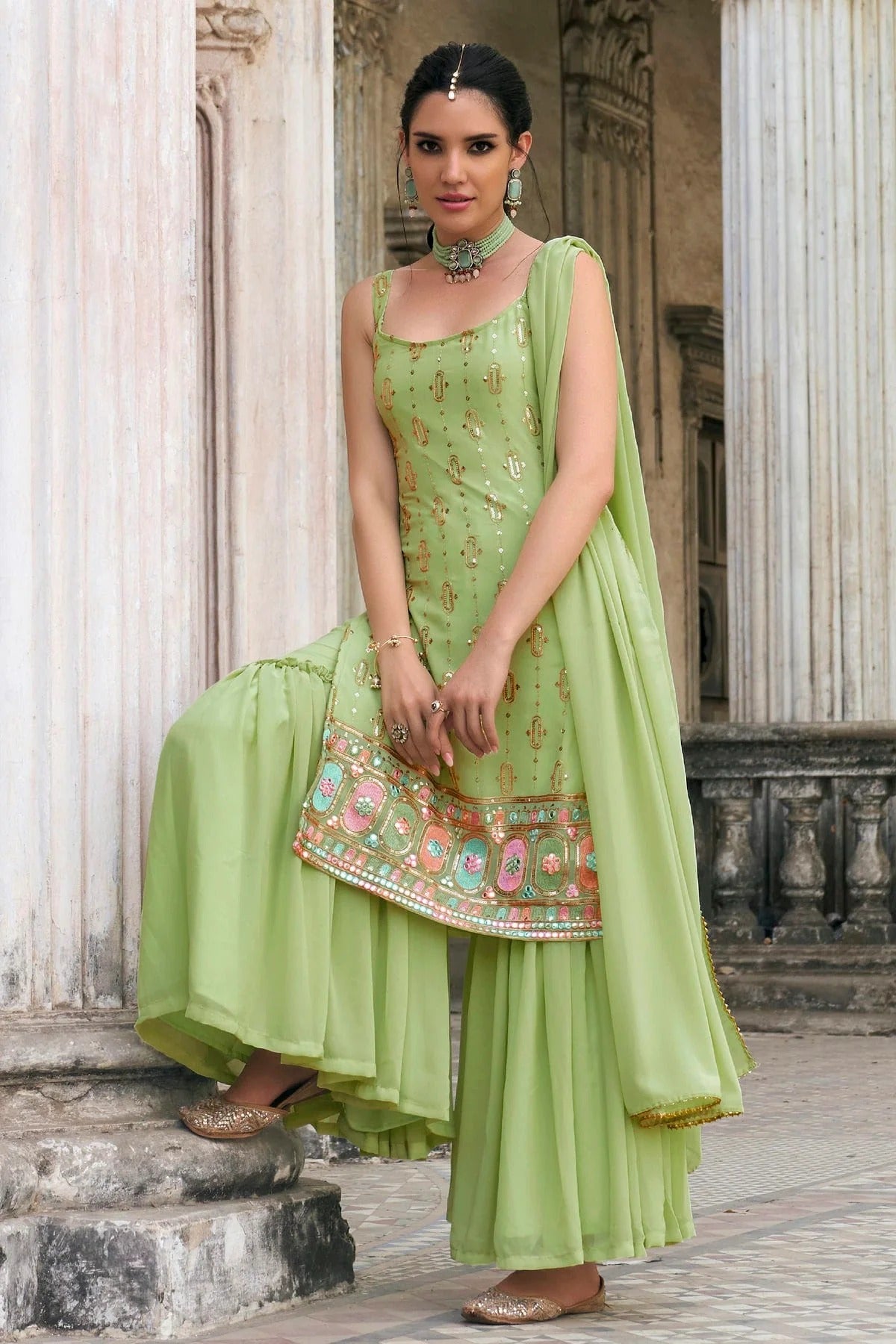 Light Green Colour Faux Georgette Sharara Suit SM1140048 A