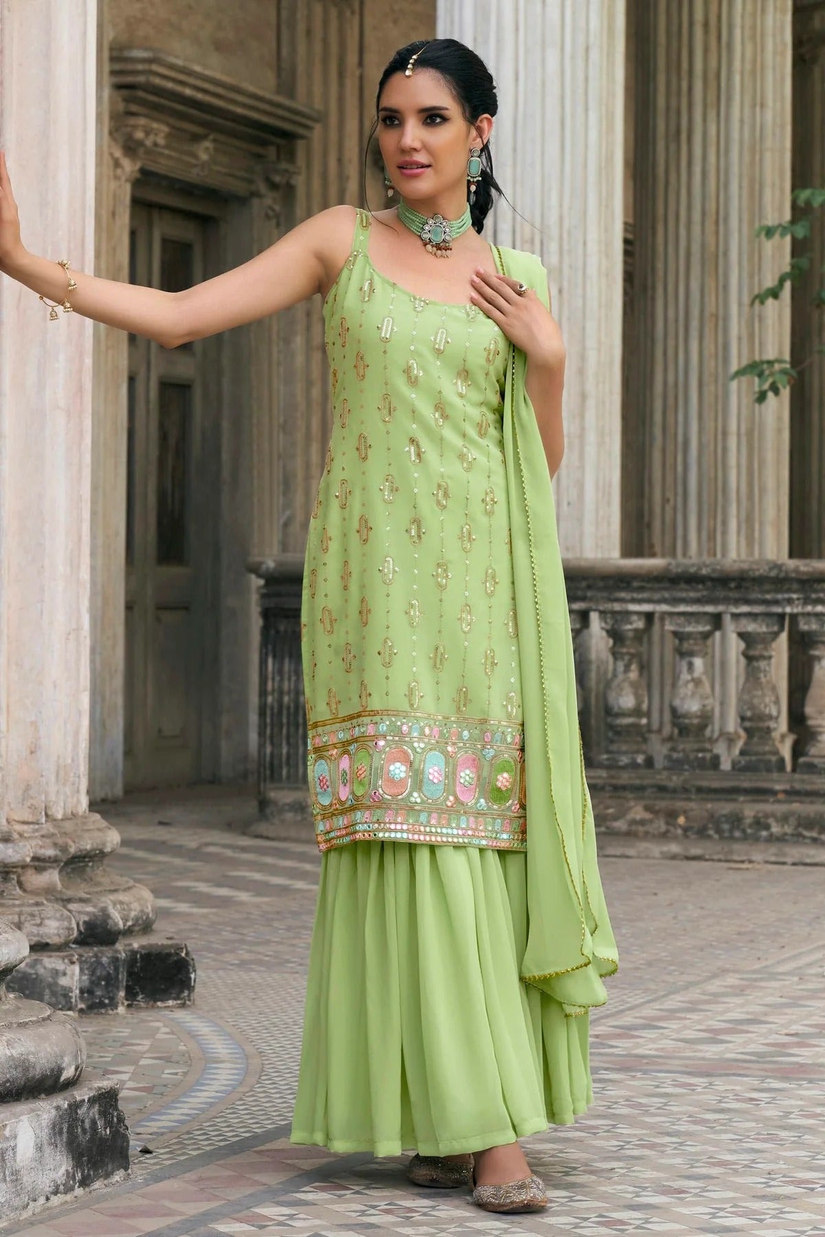 Light Green Colour Faux Georgette Sharara Suit SM1140048