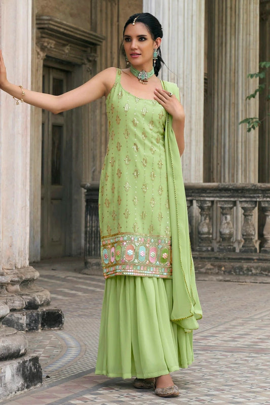 Light Green Colour Faux Georgette Sharara Suit SM1140048