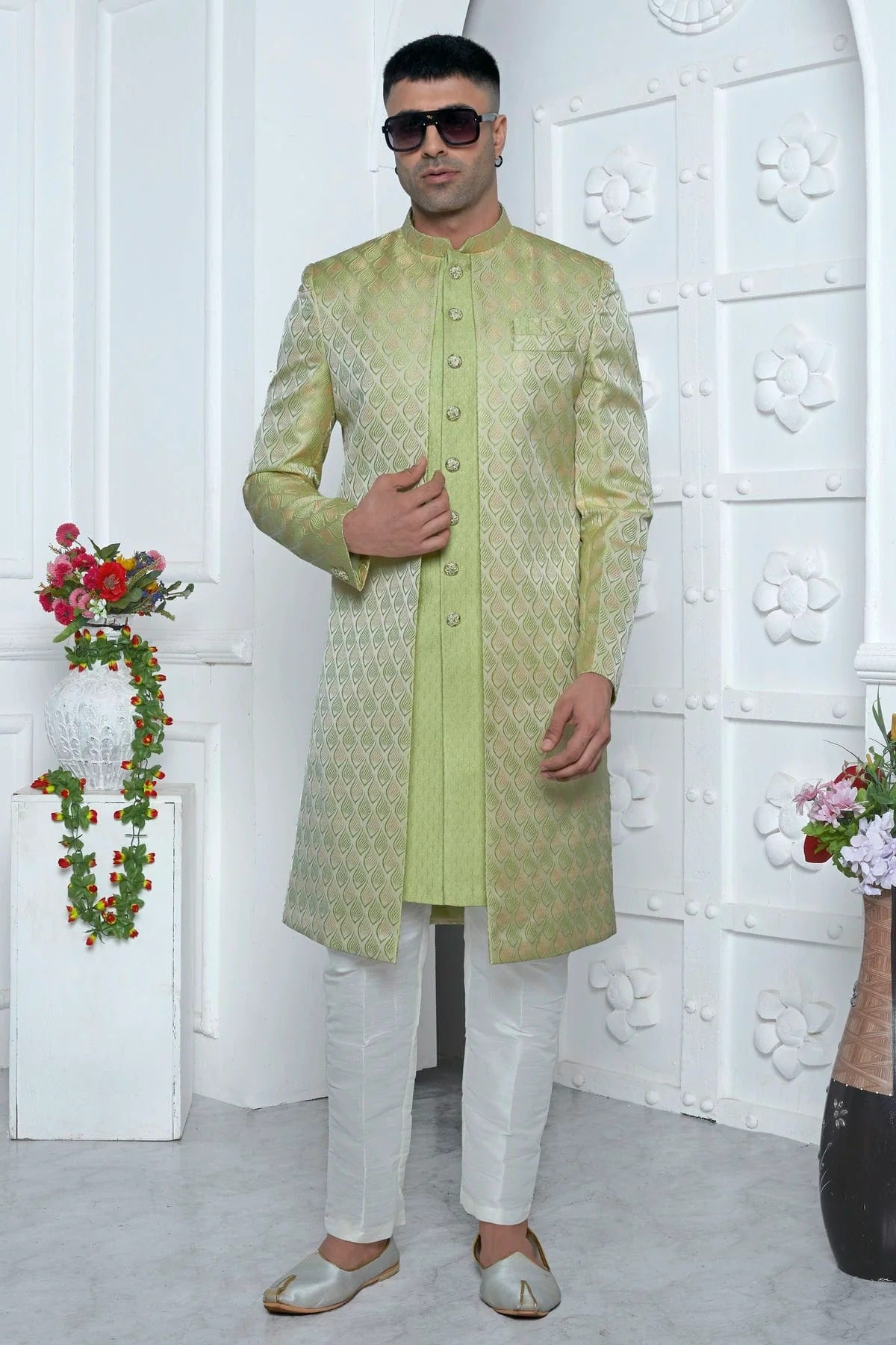 Light Green Colour Jacquard Silk Indowestern Sherwani With Aligadhi Pant SH1230030 A