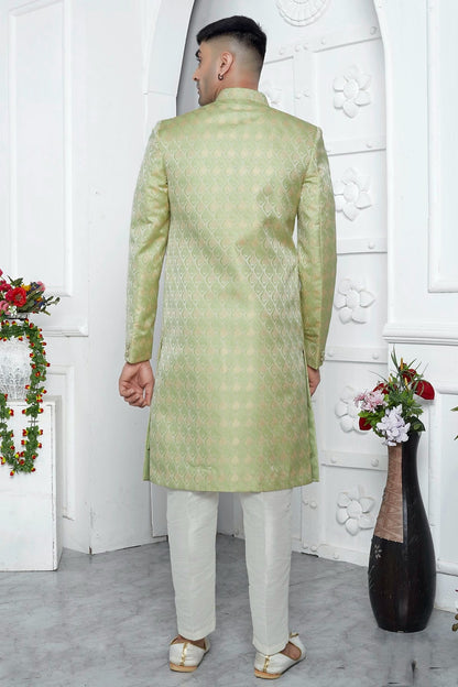 Light Green Colour Jacquard Silk Indowestern Sherwani With Aligadhi Pant SH1230030 B