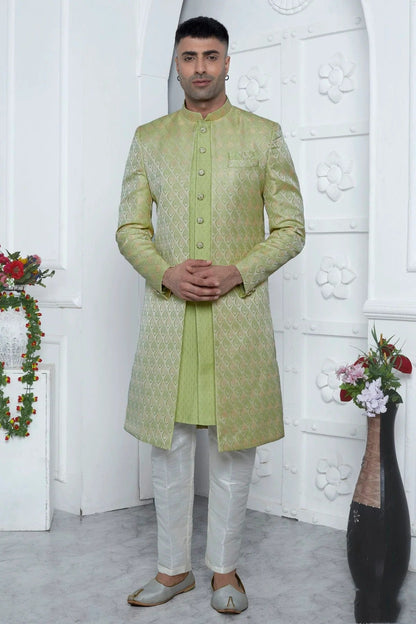 Light Green Colour Jacquard Silk Indowestern Sherwani With Aligadhi Pant SH1230030