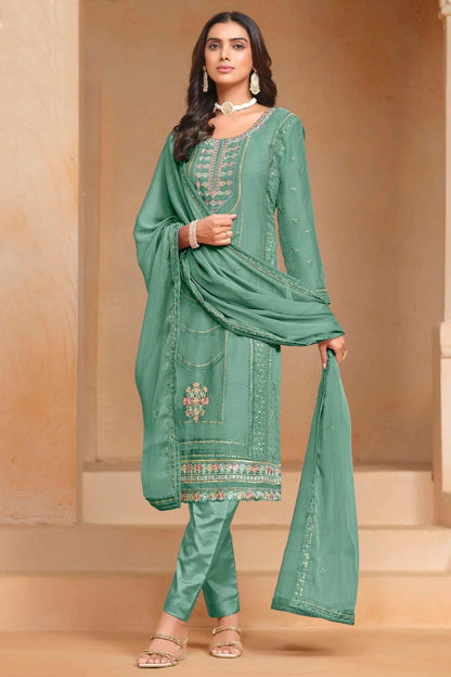 Light Green Colour Organza Chiffon Semi Stitched Pant Style Suit SM1050611 A