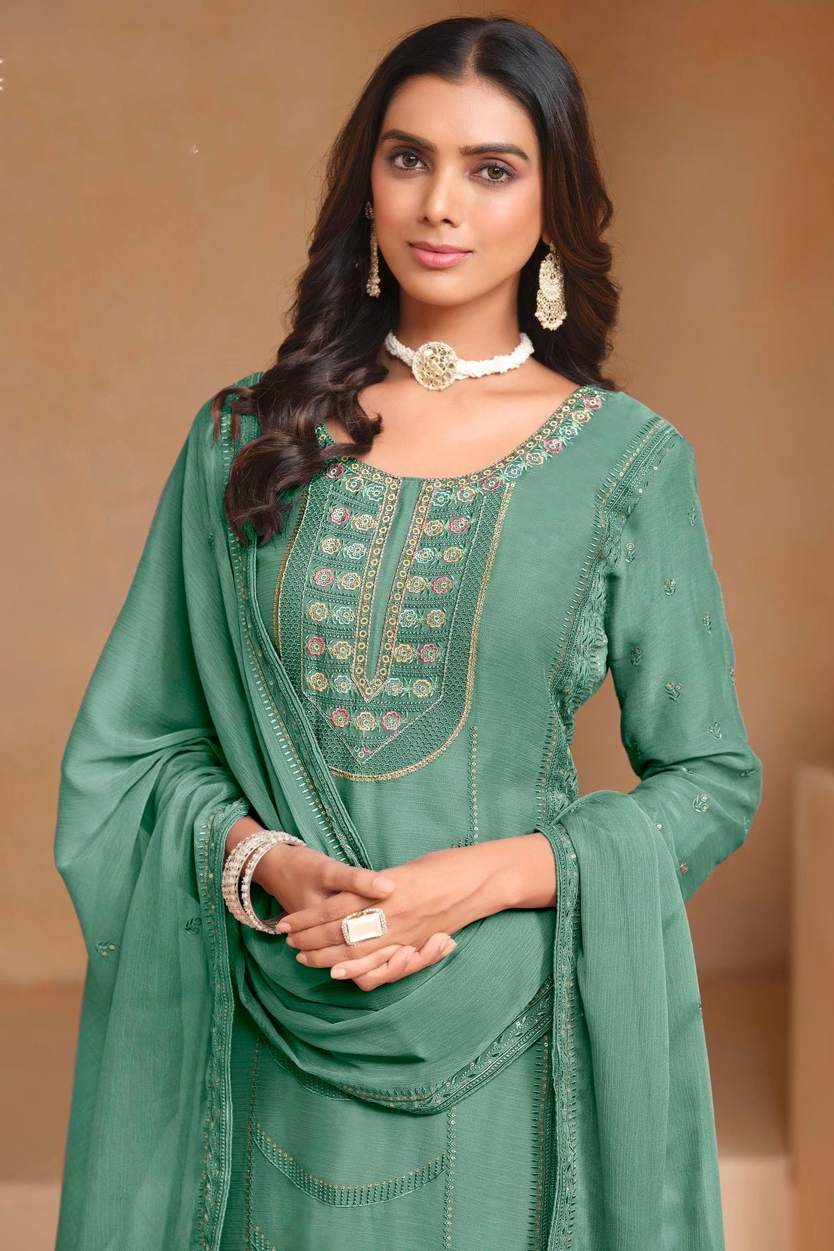 Light Green Colour Organza Chiffon Semi Stitched Pant Style Suit SM1050611 B
