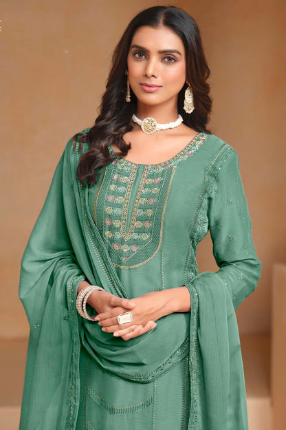 Light Green Colour Organza Chiffon Semi Stitched Pant Style Suit SM1050611 B