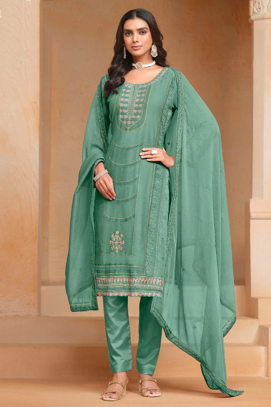 Light Green Colour Organza Chiffon Semi Stitched Pant Style Suit SM1050611
