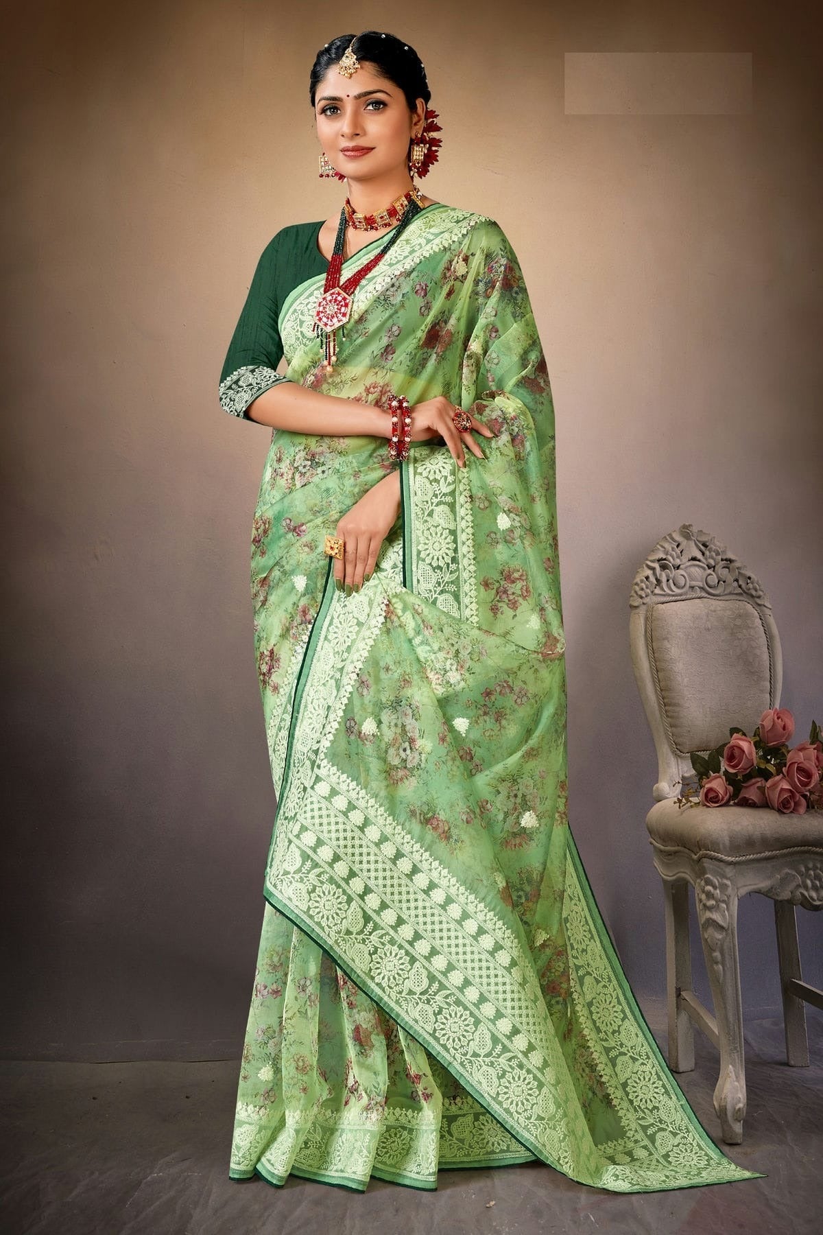 Light Green Colour Organza Printed Saree LC1121572