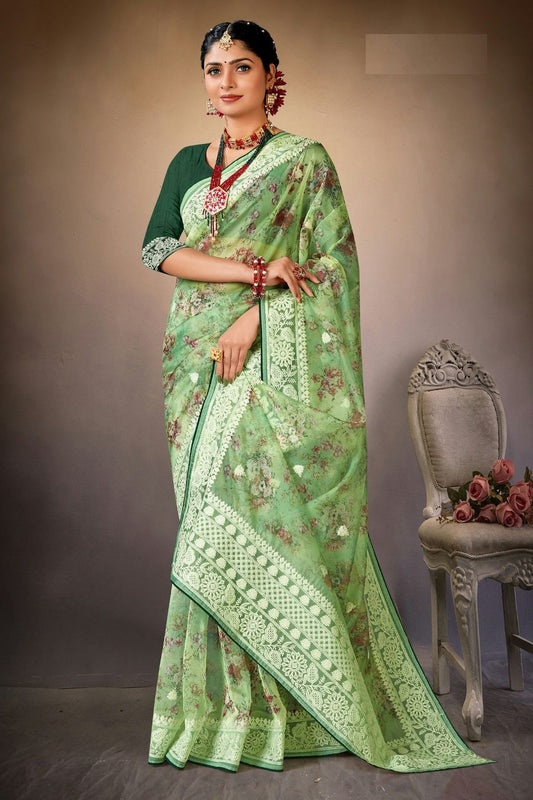 Light Green Colour Organza Printed Saree LC1121572