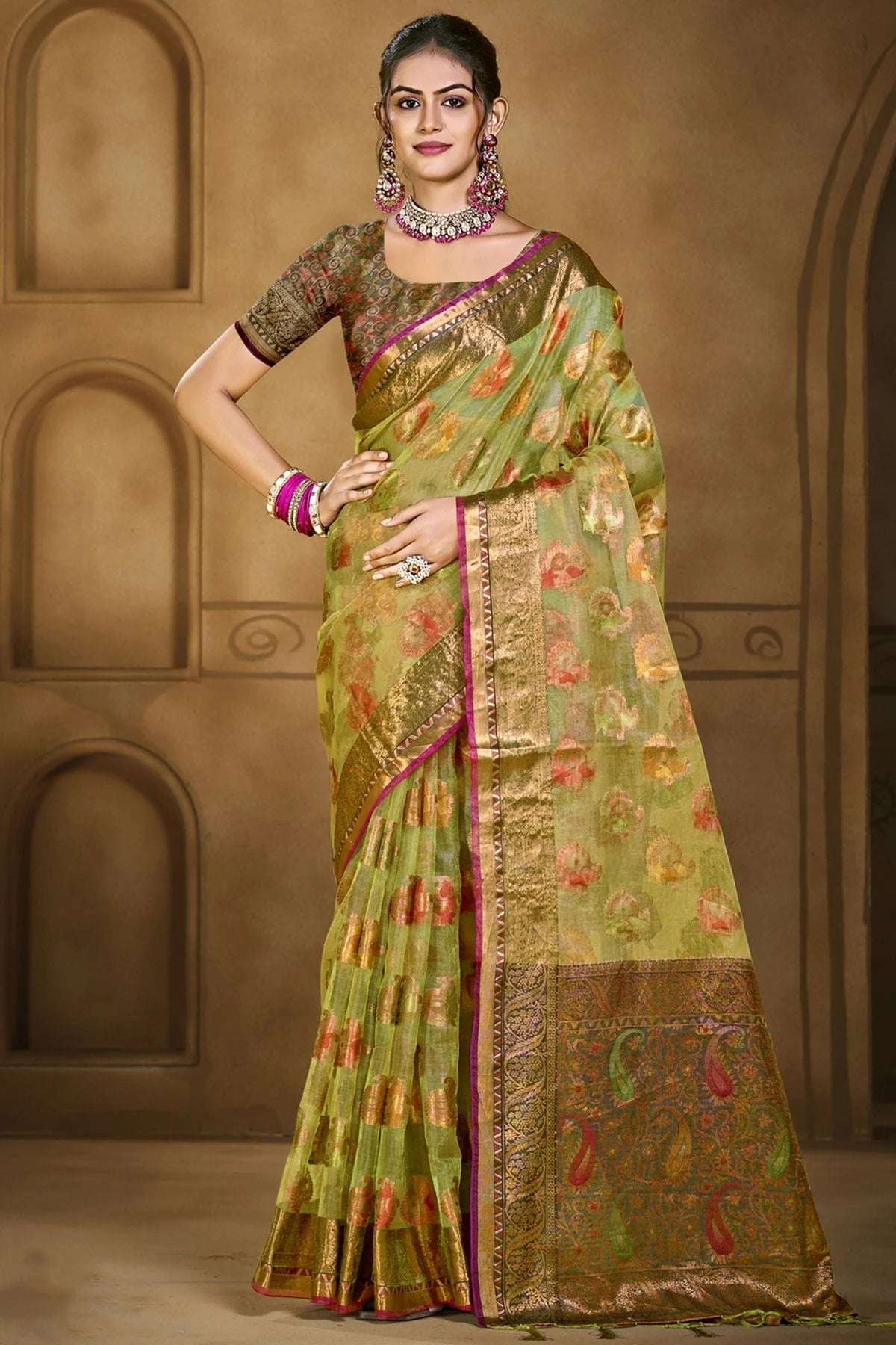 Light Green Colour Organza Woven Work Traditional Saree SD1102883