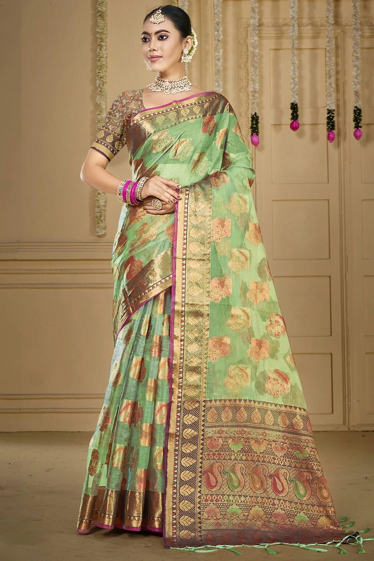 Light Green Colour Organza Woven Work Traditional Saree SD1102917