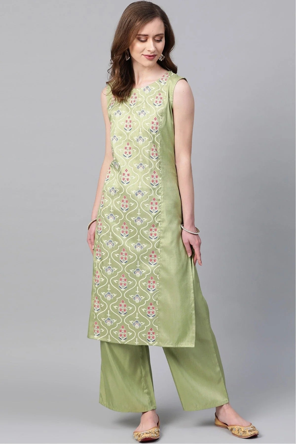 Light Green Colour Plus Size Poly Silk Straight Kurta Palazzo Set KR1060012 A