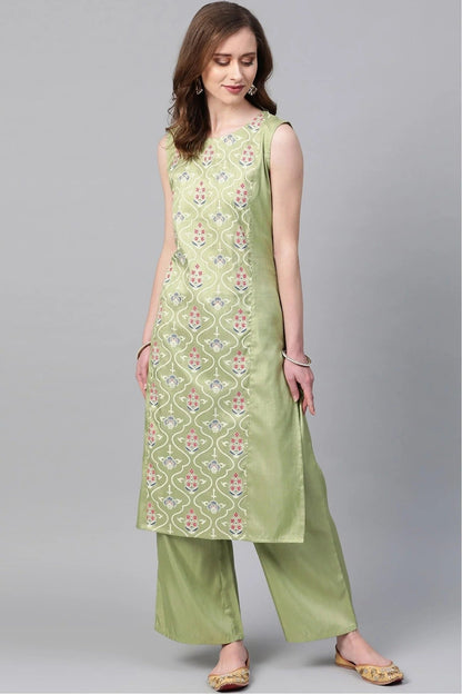 Light Green Colour Plus Size Poly Silk Straight Kurta Palazzo Set KR1060012 A