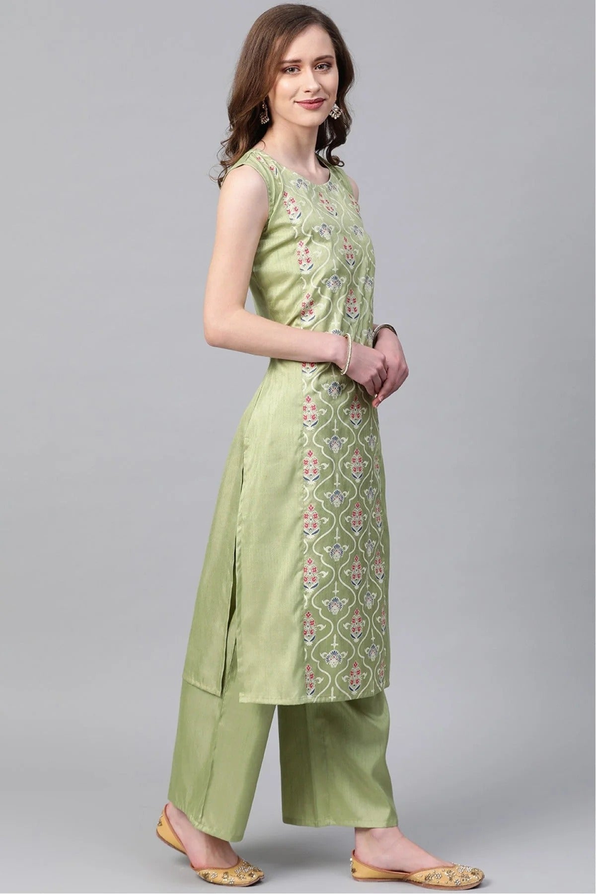 Light Green Colour Plus Size Poly Silk Straight Kurta Palazzo Set KR1060012 B
