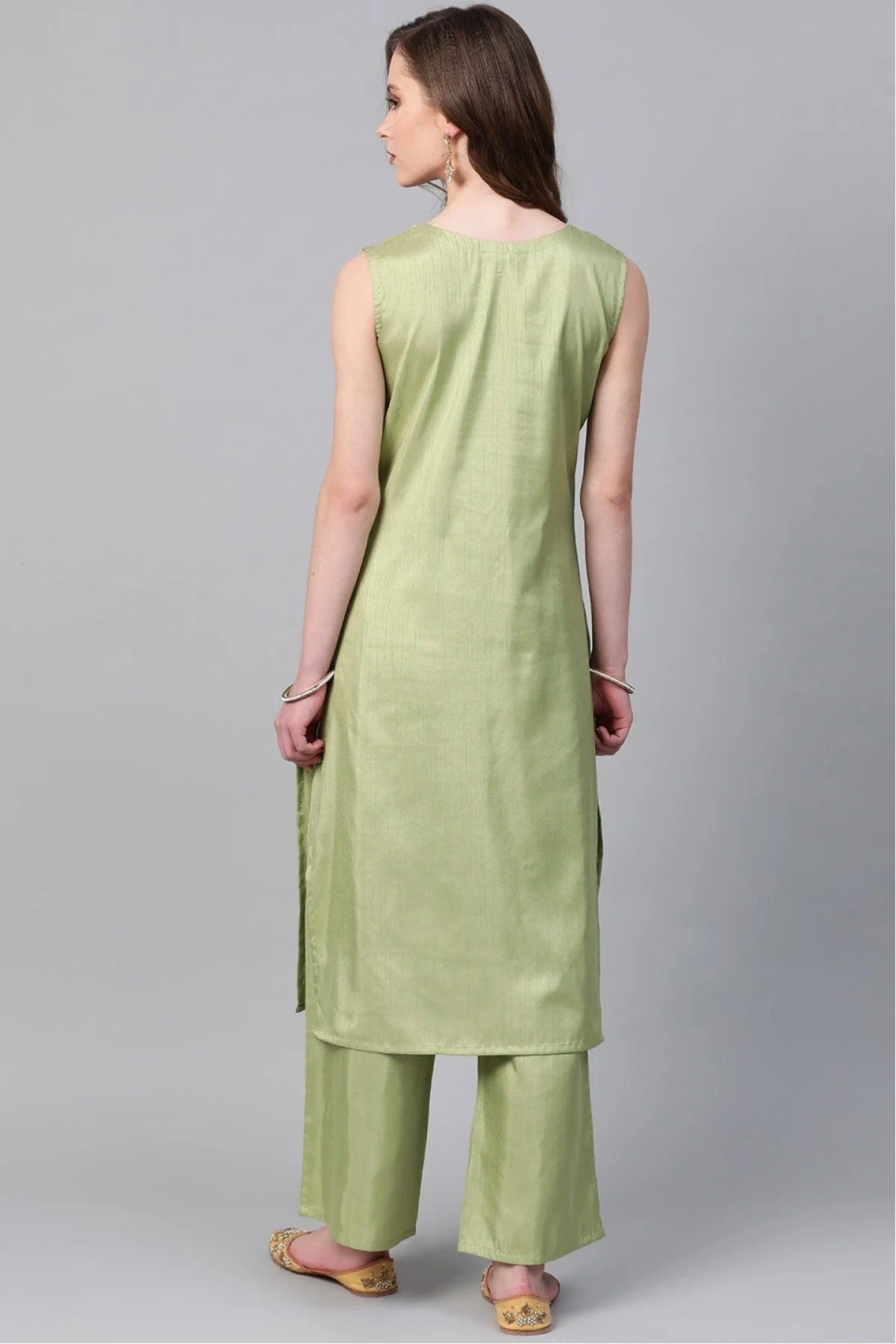 Light Green Colour Plus Size Poly Silk Straight Kurta Palazzo Set KR1060012 C