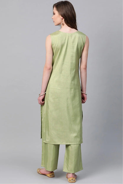 Light Green Colour Plus Size Poly Silk Straight Kurta Palazzo Set KR1060012 C