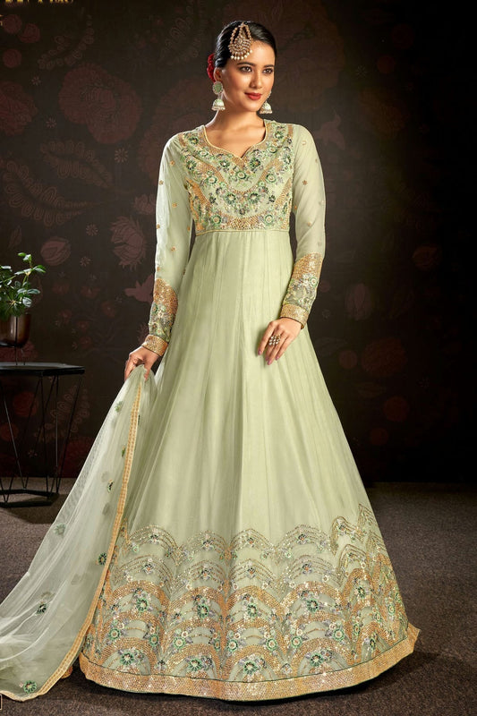 Light Green Colour Semi Stitched Butterfly Net Anarkali Suit SM1140150