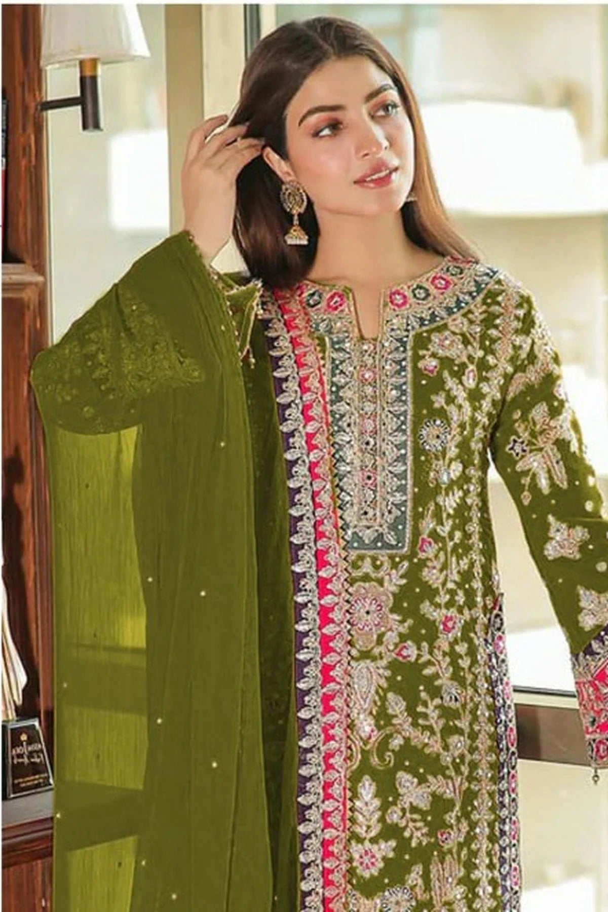 Light Green Colour Semi Stitched Chinon Silk Pakistani Suit SM1140282 A