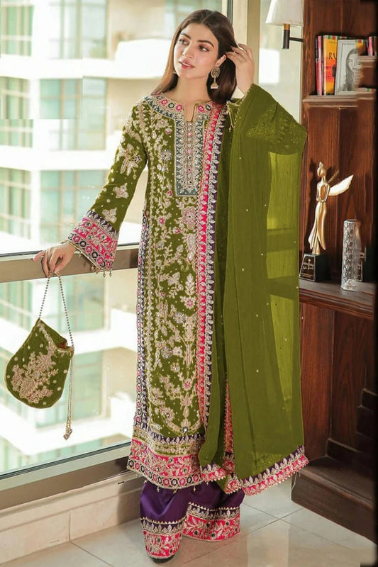 Light Green Colour Semi Stitched Chinon Silk Pakistani Suit SM1140282