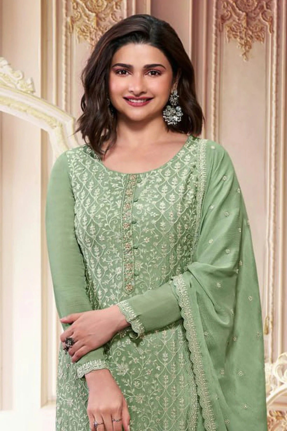 Light Green Colour Semi Stitched Chinon Silk Pant Style Suit SM1140213 A