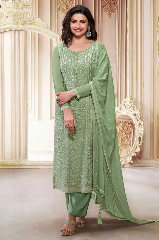 Light Green Colour Semi Stitched Chinon Silk Pant Style Suit SM1140213