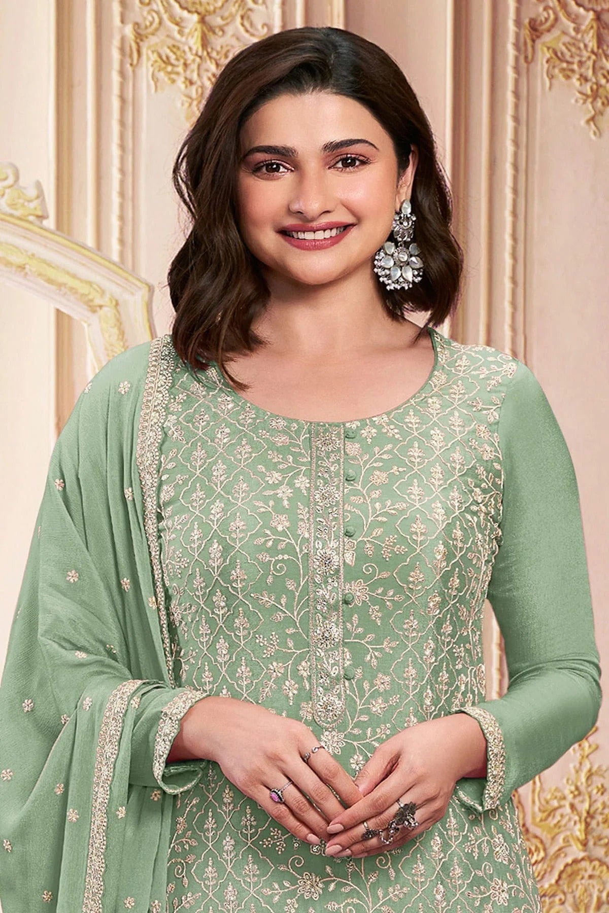 Light Green Colour Semi Stitched Faux Georgette Pant Style Suit SM1140286 A