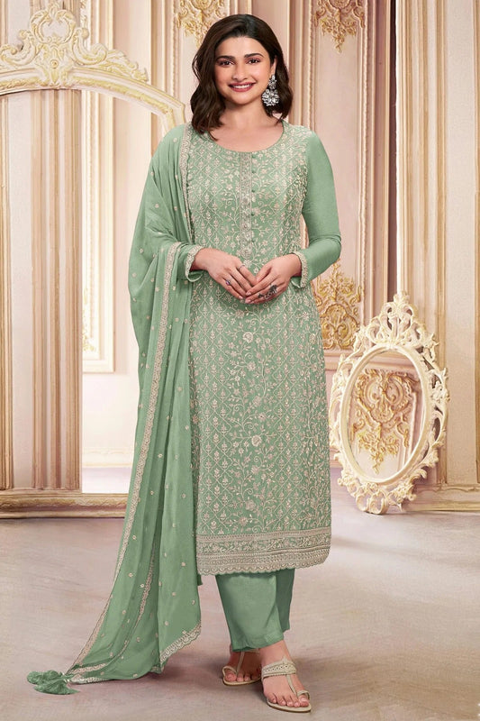 Light Green Colour Semi Stitched Faux Georgette Pant Style Suit SM1140286