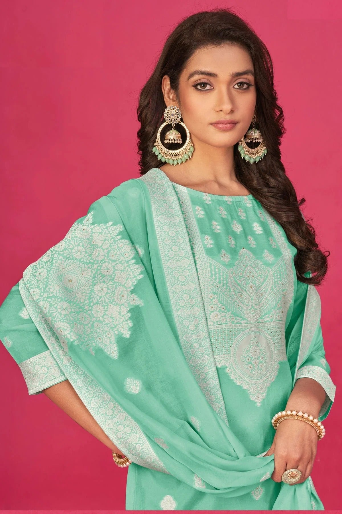 Light Green Colour Semi Stitched Jacquard Straight Suit SM1140191 A