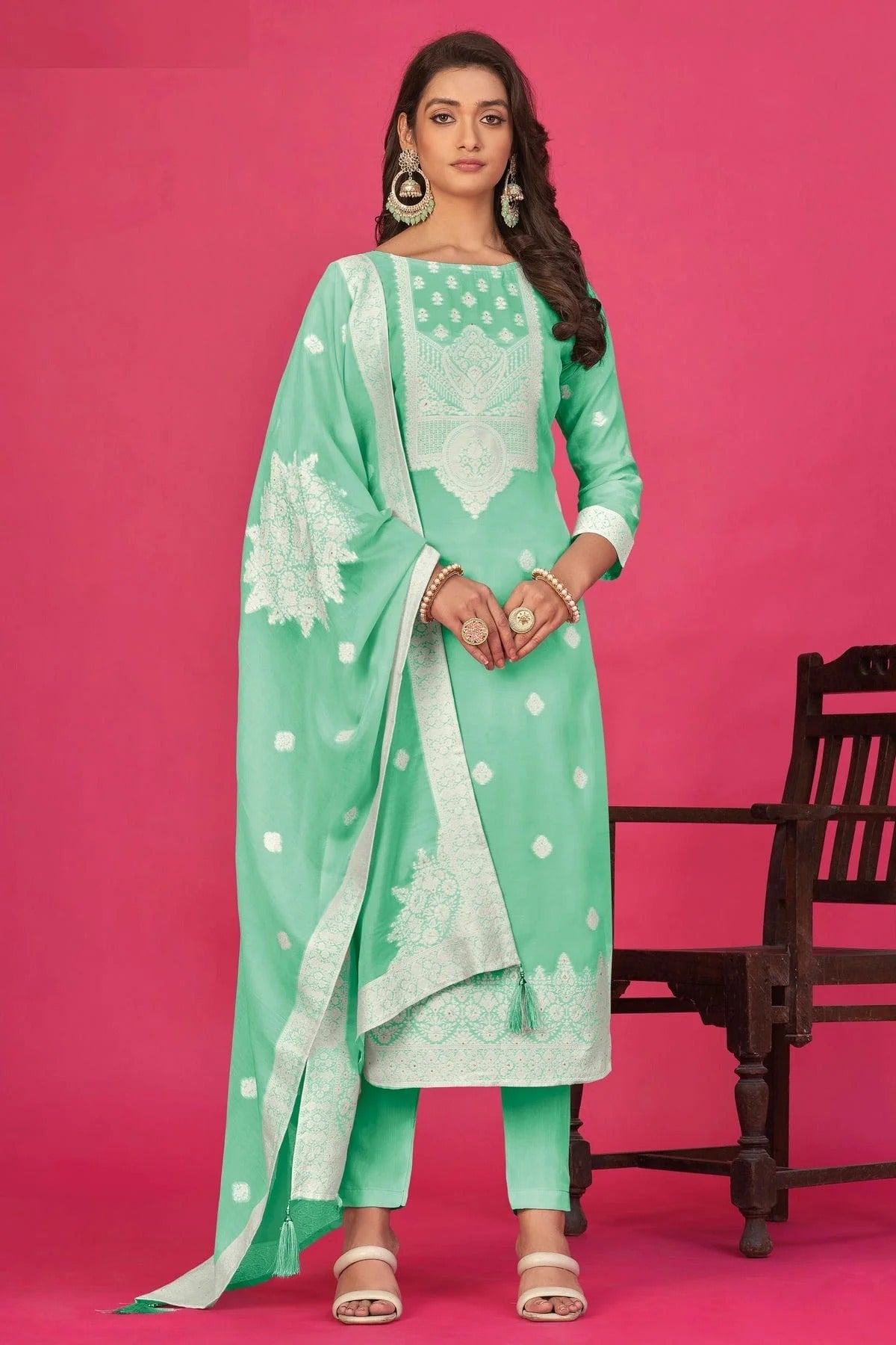 Light Green Colour Semi Stitched Jacquard Straight Suit SM1140191