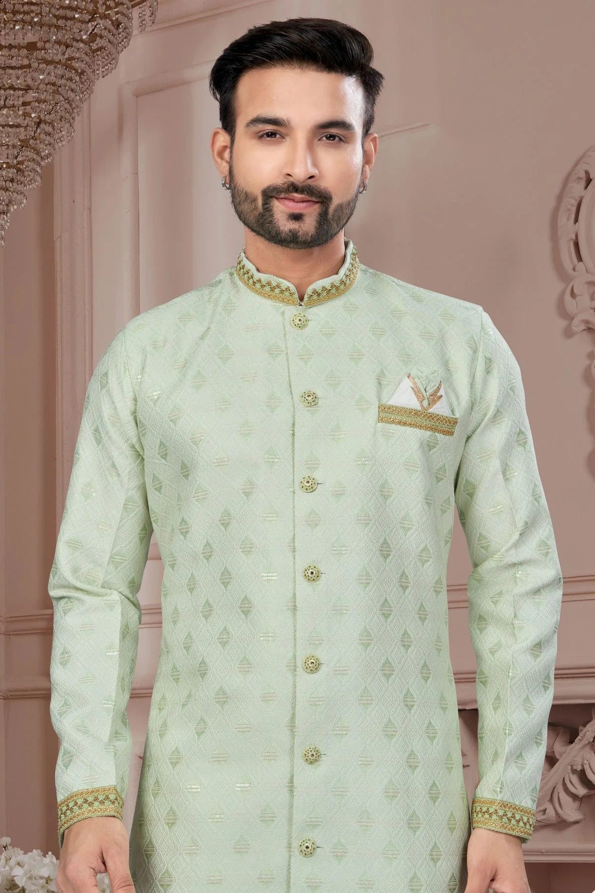Light Green Colour Silk Dupion Sherwani SH1040602 A