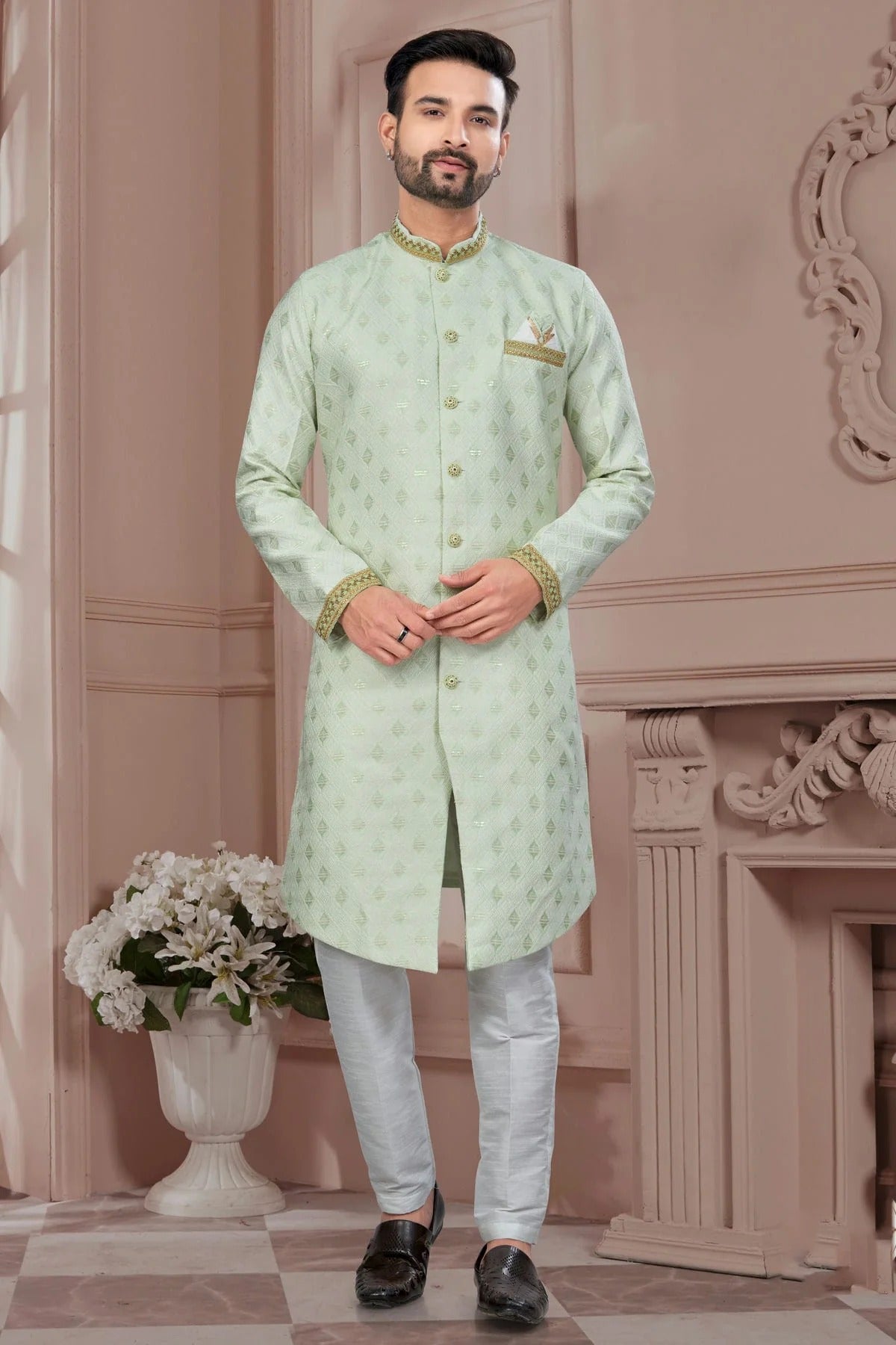 Light Green Colour Silk Dupion Sherwani SH1040602