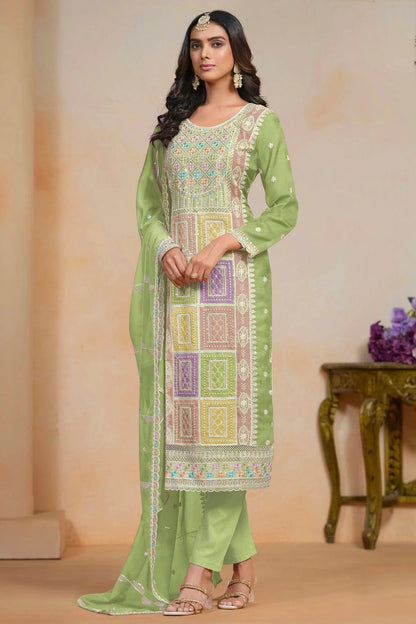 Light Green Colour Soft Organza Semi Stitched Pant Style Suit SM1050619 A