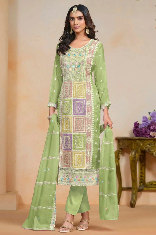 Light Green Colour Soft Organza Semi Stitched Pant Style Suit SM1050619