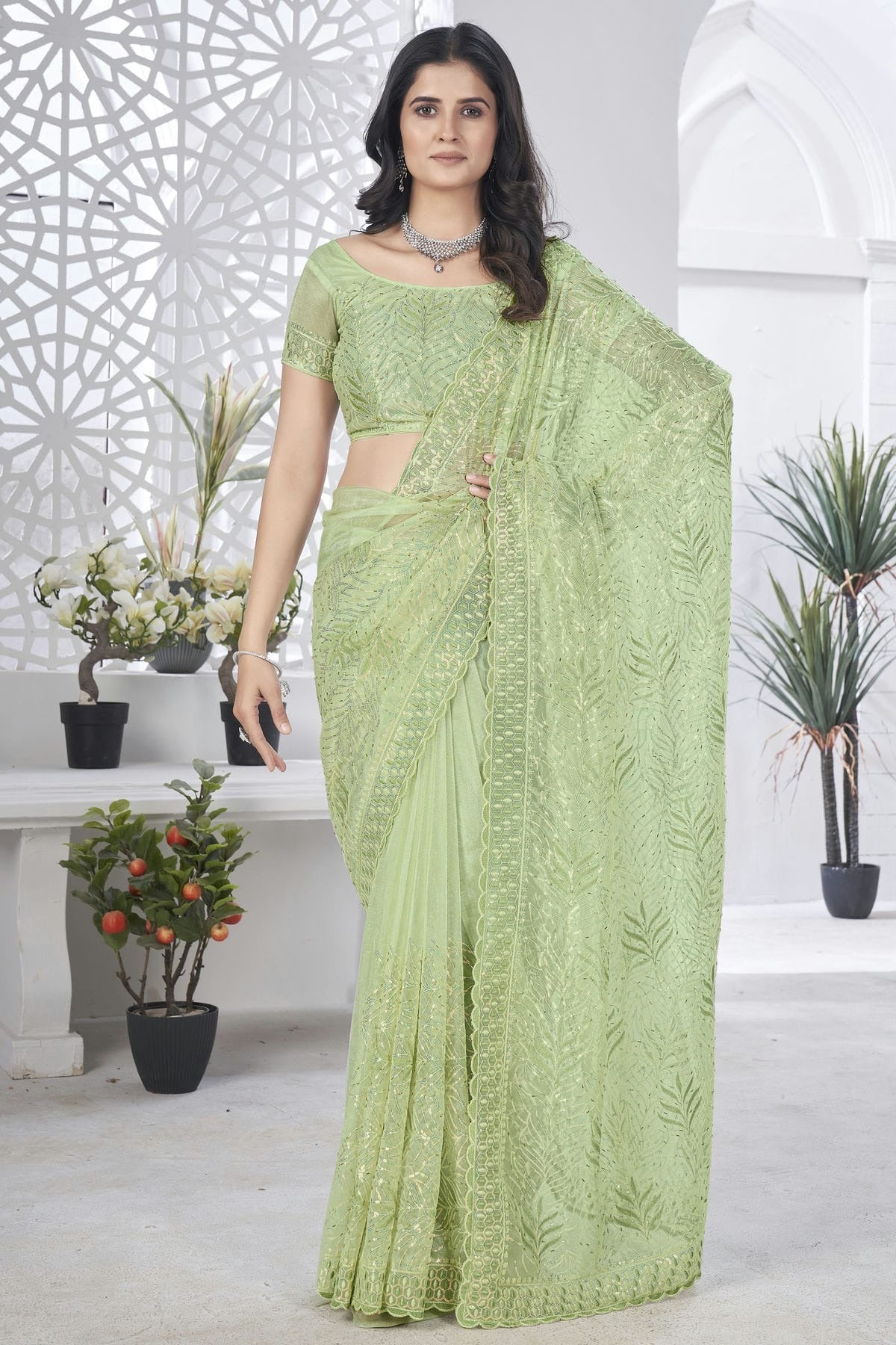 Light Green Colour Tissue Net Designer Saree SD1112575