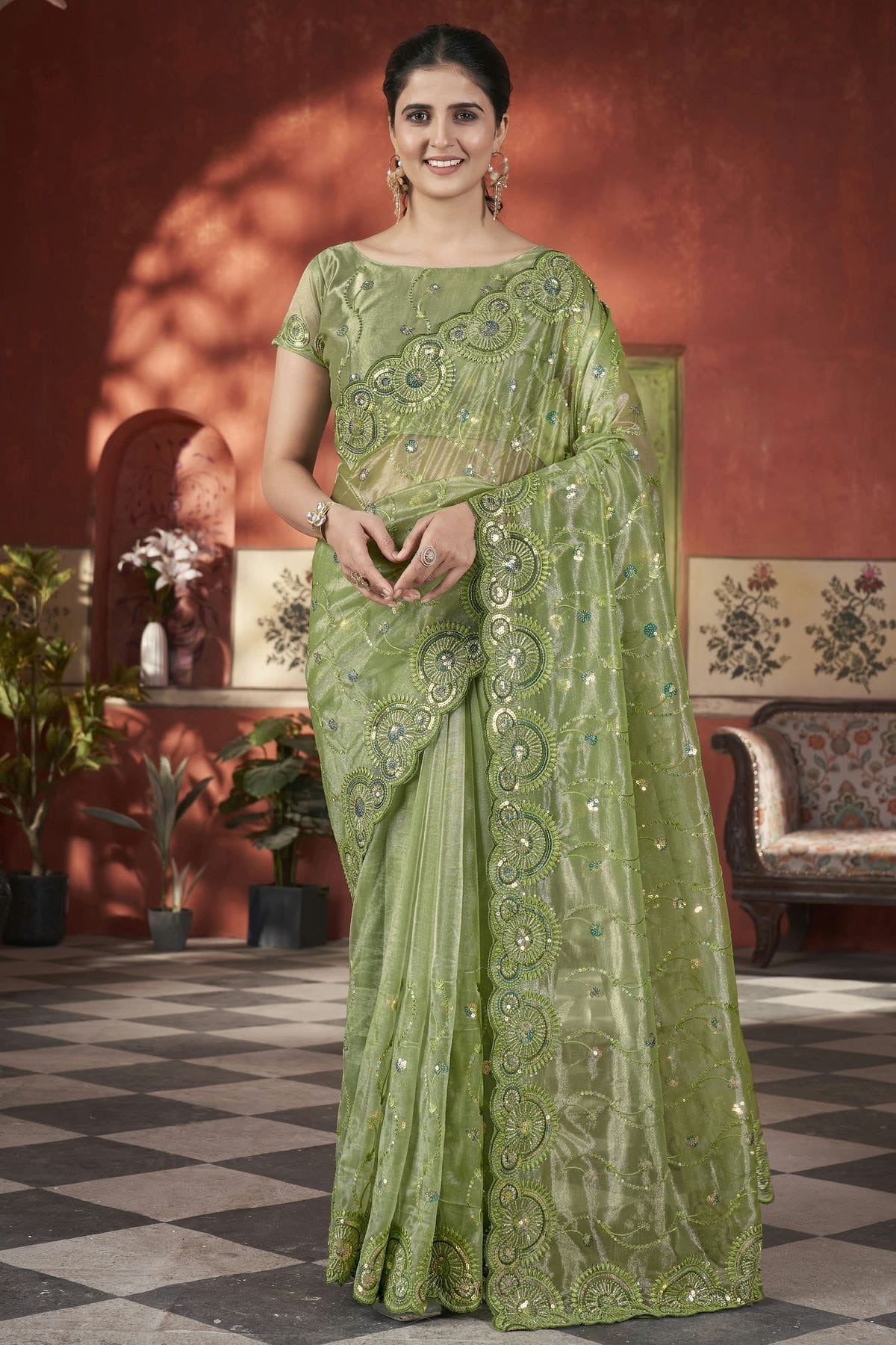 Light Green Colour Tissue Net Designer Saree SD1112588