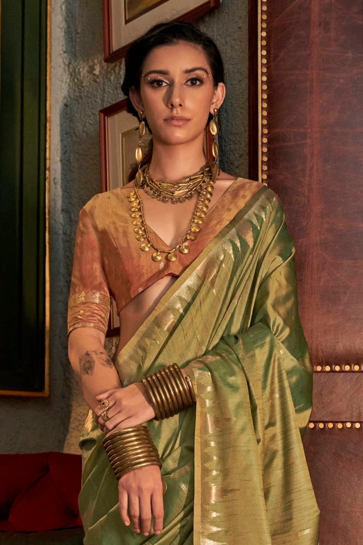 Light Green Colour Tussar Silk Woven Work Saree SD1290003 A