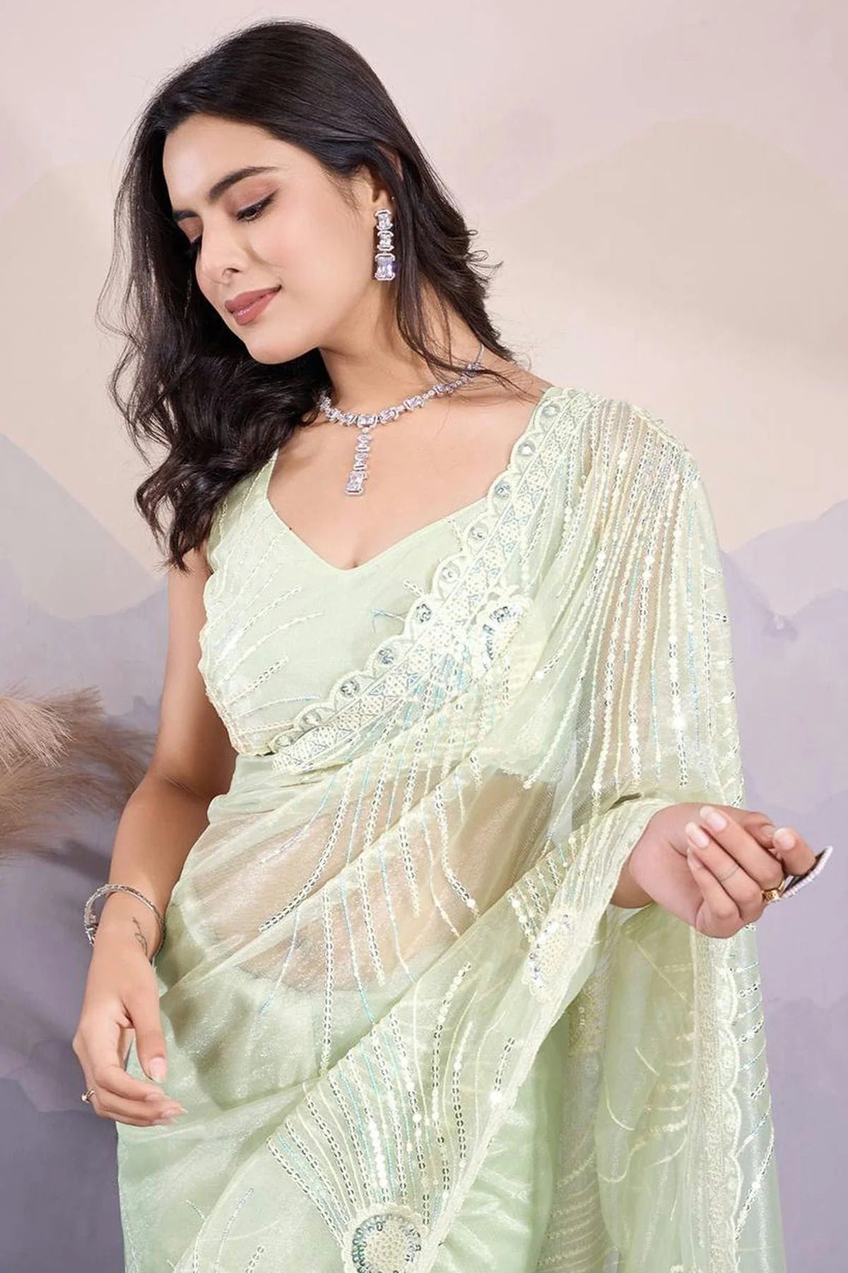 Light Green Colour Twill Net Embroidery Work Saree SD1290012 A