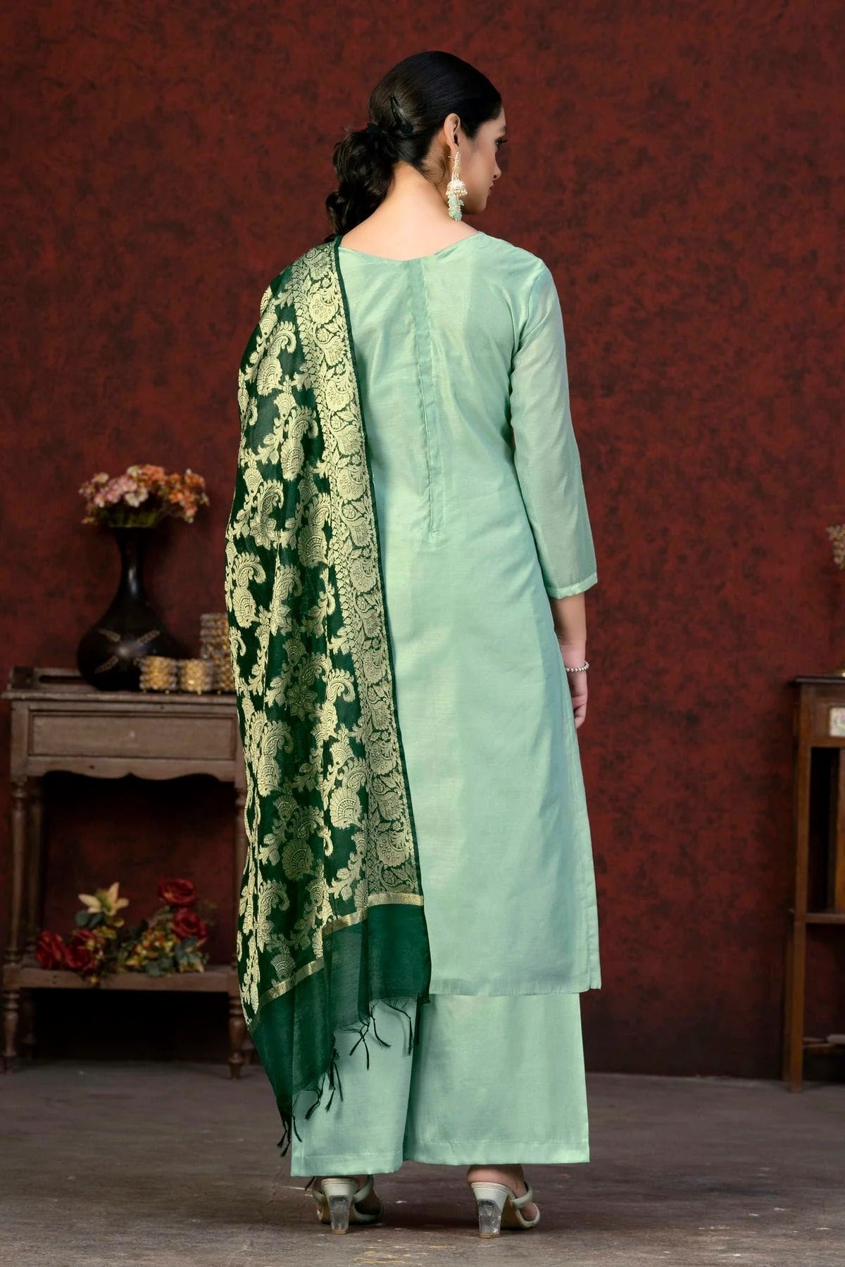 Light Green Colour Unstitched Banarasi Jacquard Palazoo Pant Suit US1161378 A