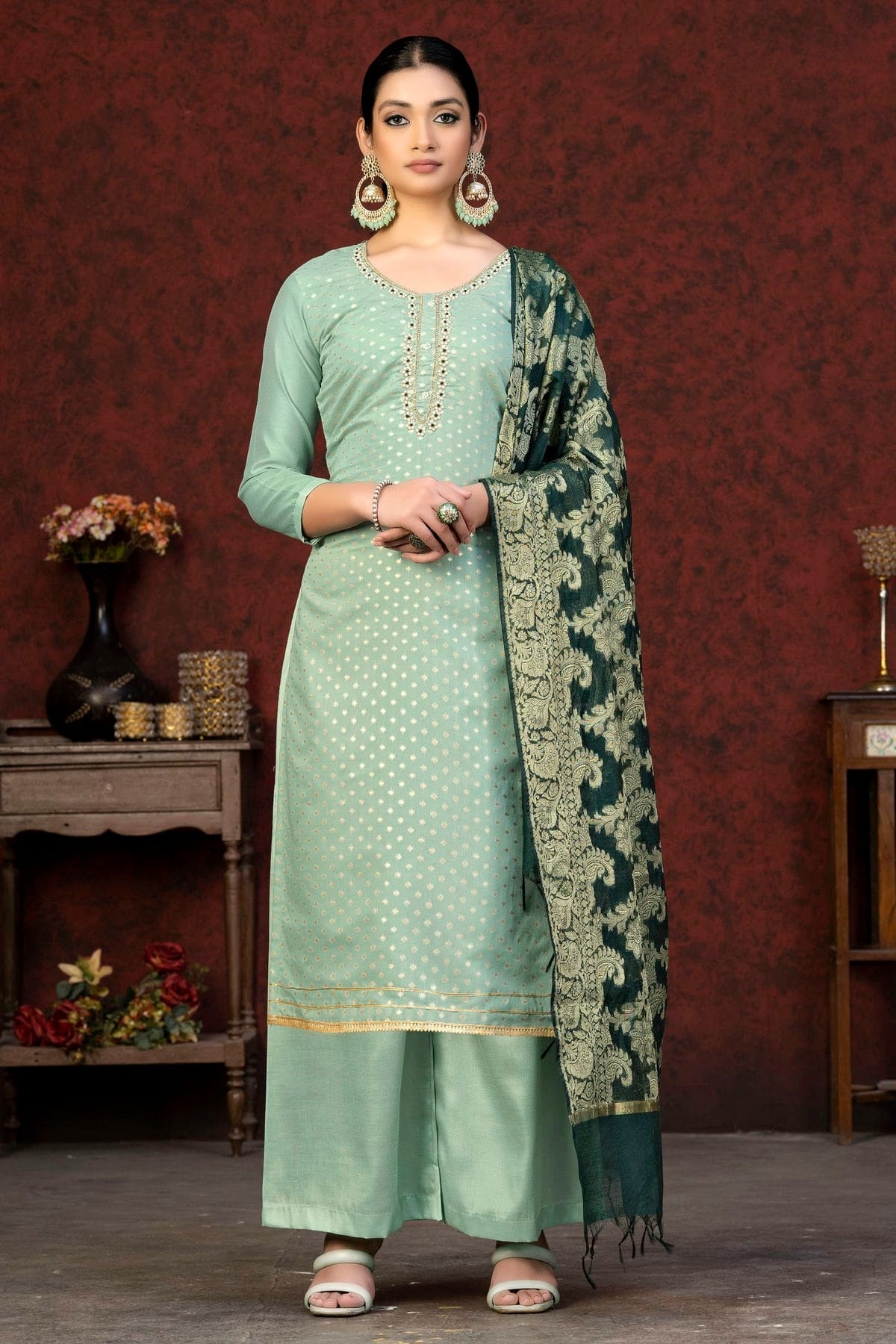 Light Green Colour Unstitched Banarasi Jacquard Palazoo Pant Suit US1161378
