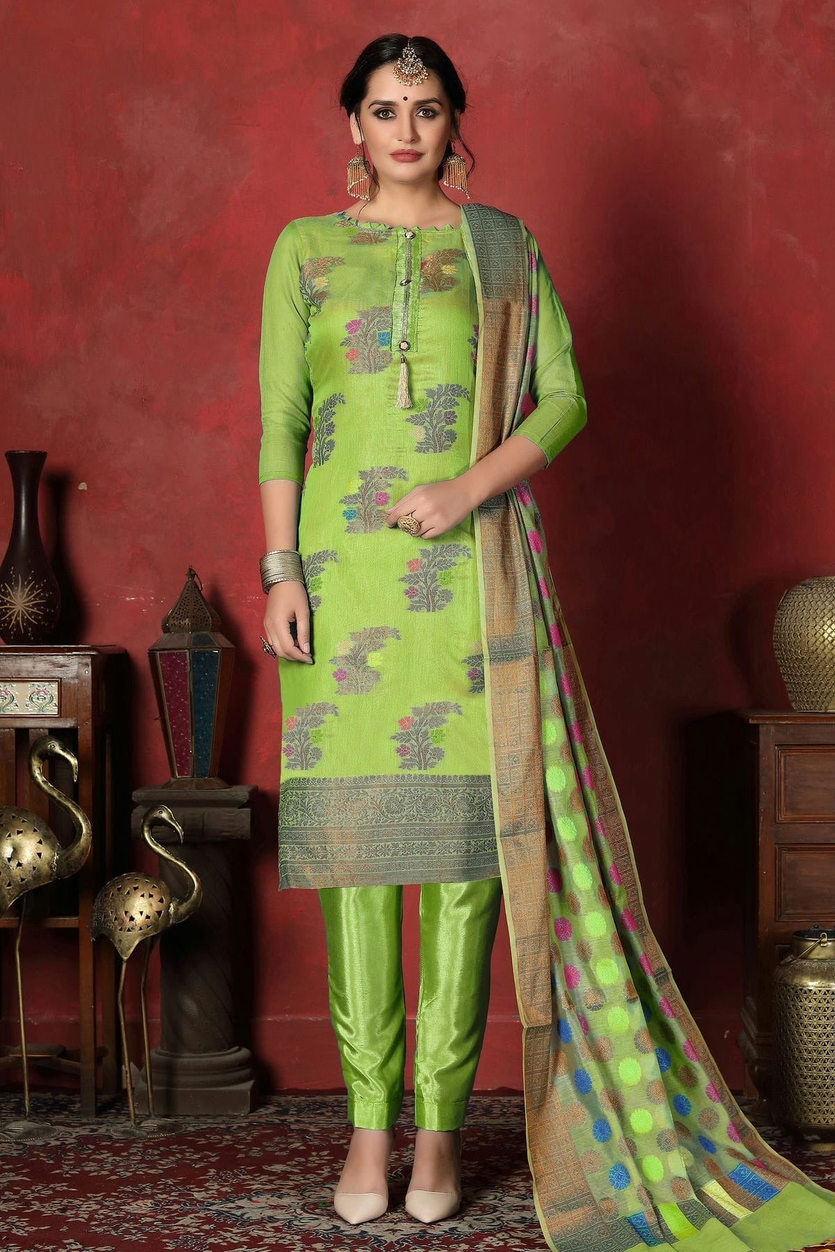 Light Green Colour Unstitched Banarasi Silk Churidar Suit US1161298