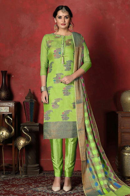 Light Green Colour Unstitched Banarasi Silk Churidar Suit US1161298