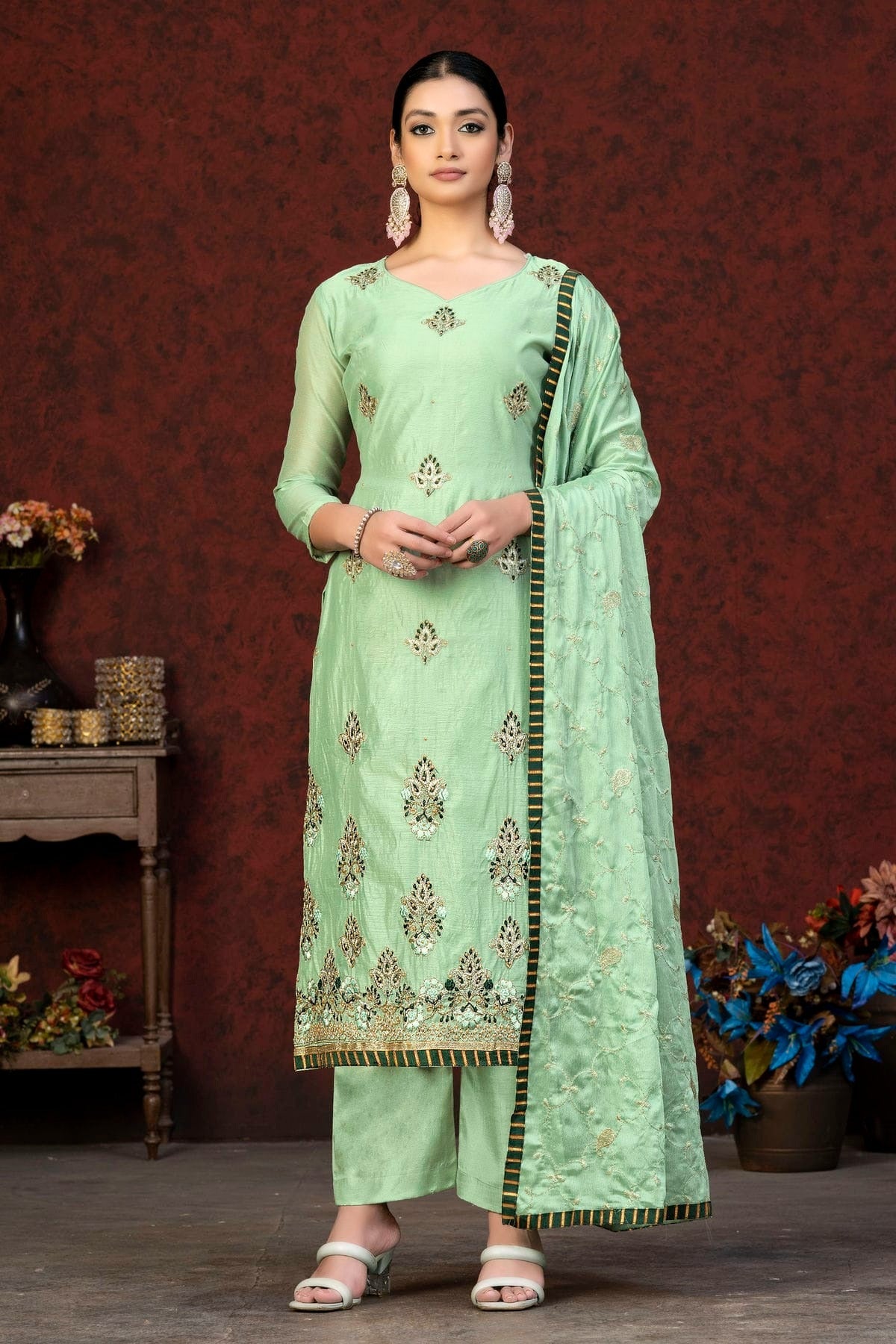 Light Green Colour Unstitched Modal Chanderi Fabric Straight Suit US1161056
