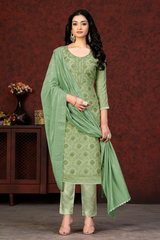 Light Green Colour Unstitched Modal Cotton Pant Style Suit US1161371