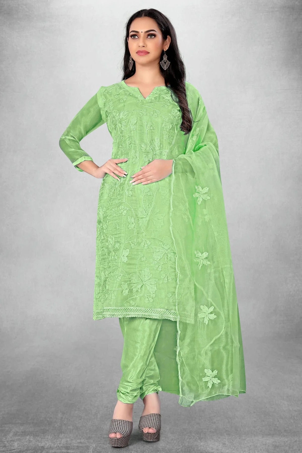 Light Green Colour Unstitched Organza Churidar Suit US1160778