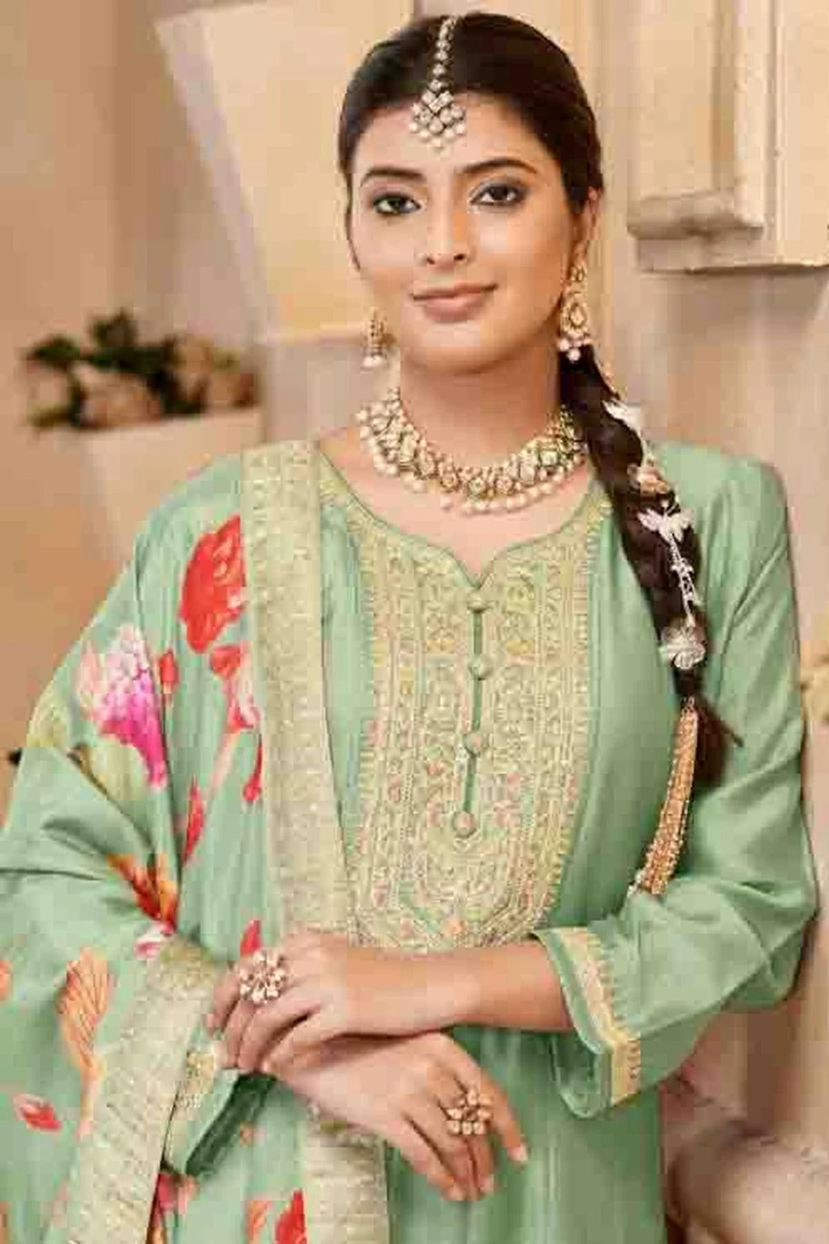 Light Green Colour Vichitra Silk Anarkali Suit SM1112946 A