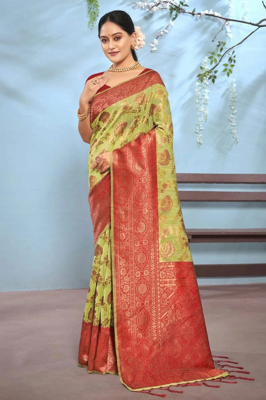 Light Green Colour Woven Work Cotton Saree SD1101374