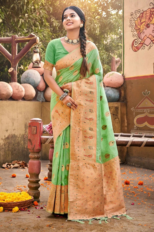 Light Green Colour Woven Work Cotton Saree SD1101755