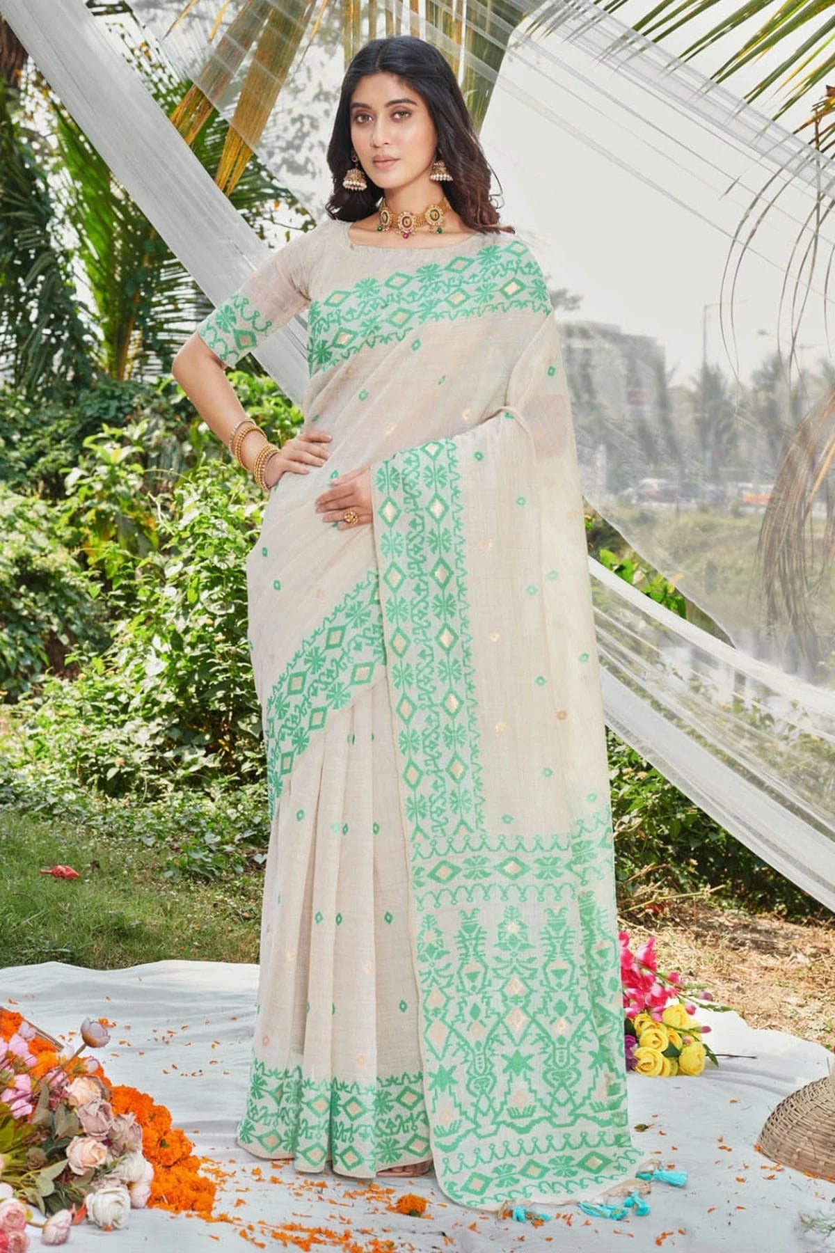 Light Green Colour Woven Work Cotton Saree SD1101913