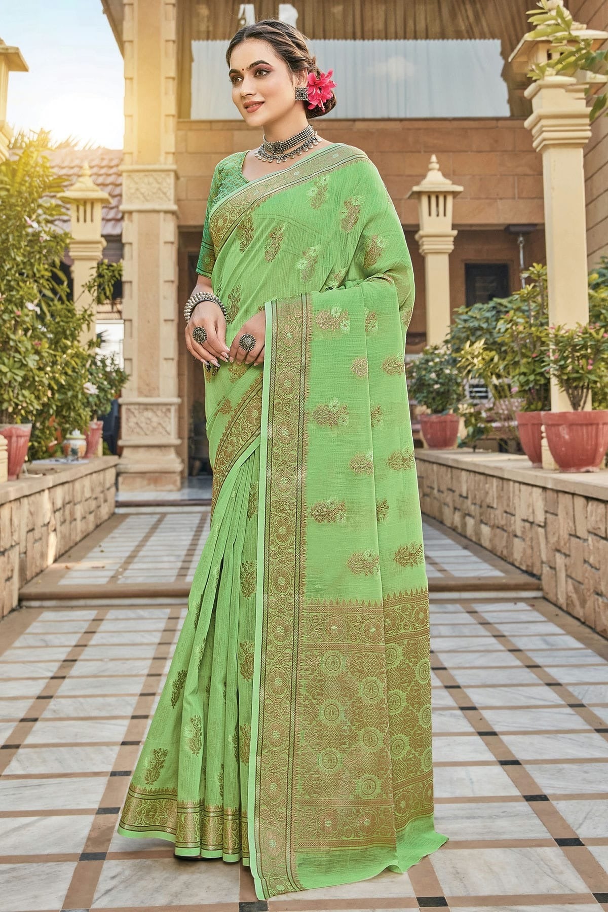 Light Green Colour Woven Work Linen Saree SD1101309